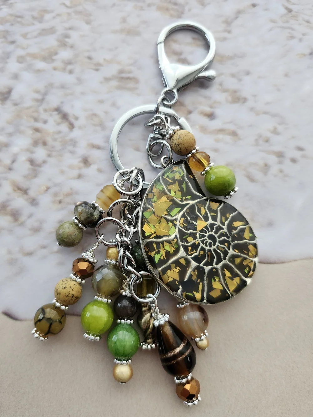 Shell Fossil Purse Charm or Keychain Jasper Agate Stone Handcrafted